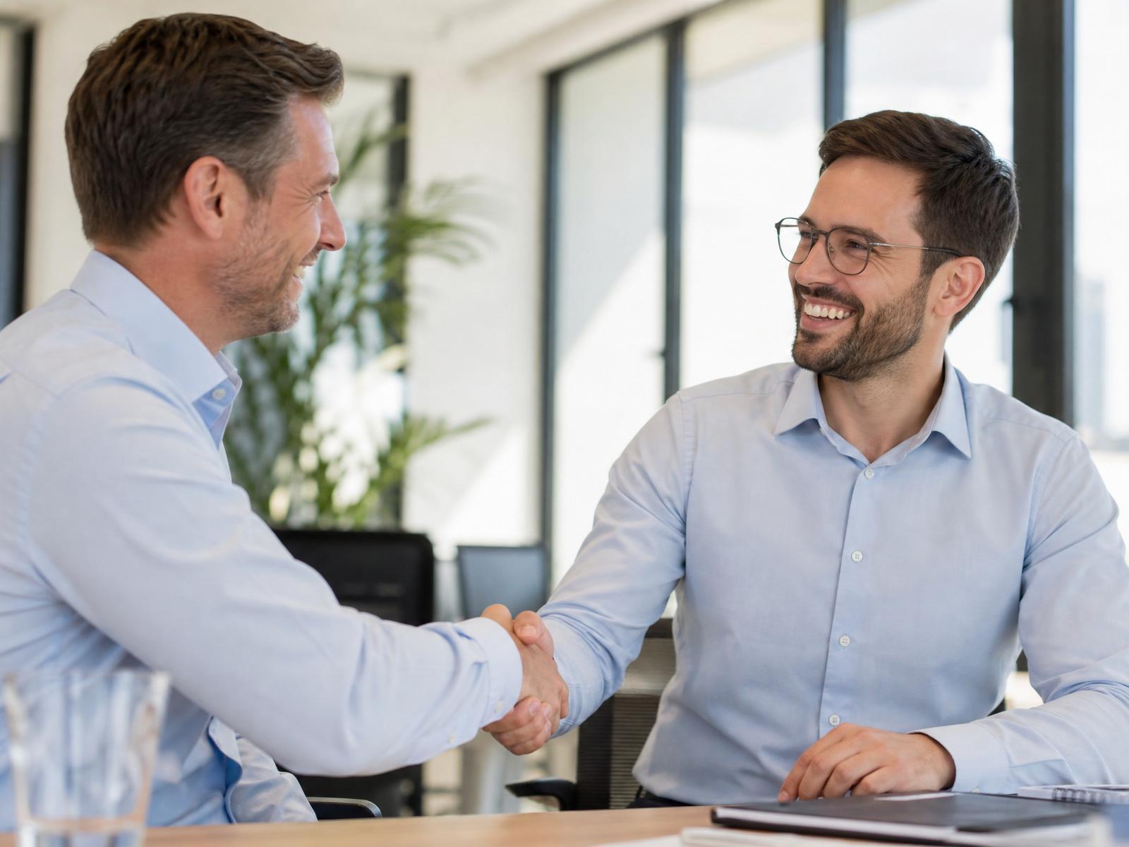Dois executivos em um escritório iluminado, simbolizando uma parceria de negócios bem-sucedida e confiável.